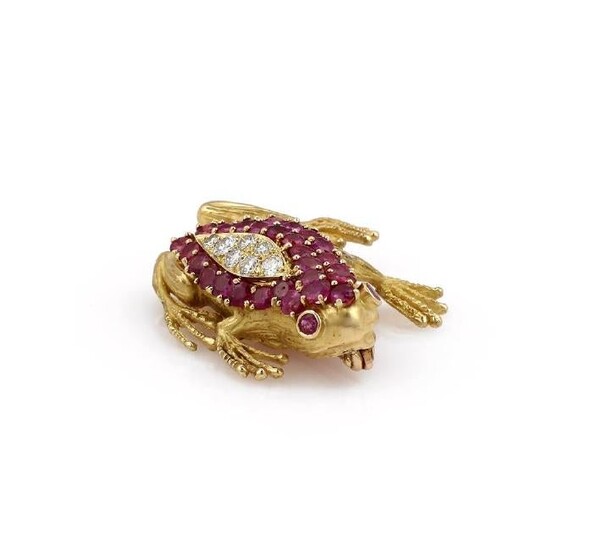 18K Yellow Gold Ruby Diamond Frog Brooch / Pin