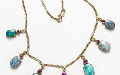 18kt Gold, Opal Doublet, and Ruby Necklace