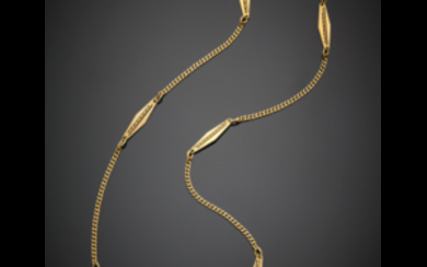 Yellow gold long chain necklace with lozenge spacers, g...