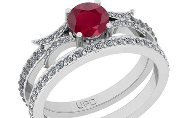 1.01 Ctw SI2/I1Ruby And Diamond 14K White Gold Anniversary Set Band Ring
