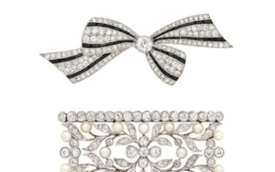 Belle Epoque Platinum, Gold, Seed Pearl and Diamond Pin and Art Deco Platinum, Diamond and Black Onyx Bow Pin