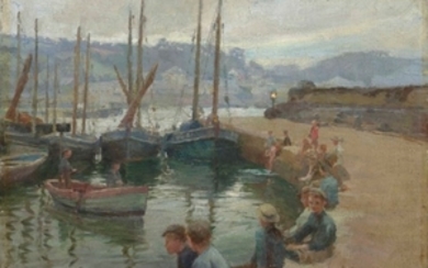 Harold Charles Francis Harvey (1874-1941), Boys on the harbour wall, Penzance