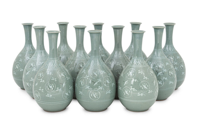 12 Korean Celadon Porcelain Ground 'Crane and Cloud' Bottle Vases