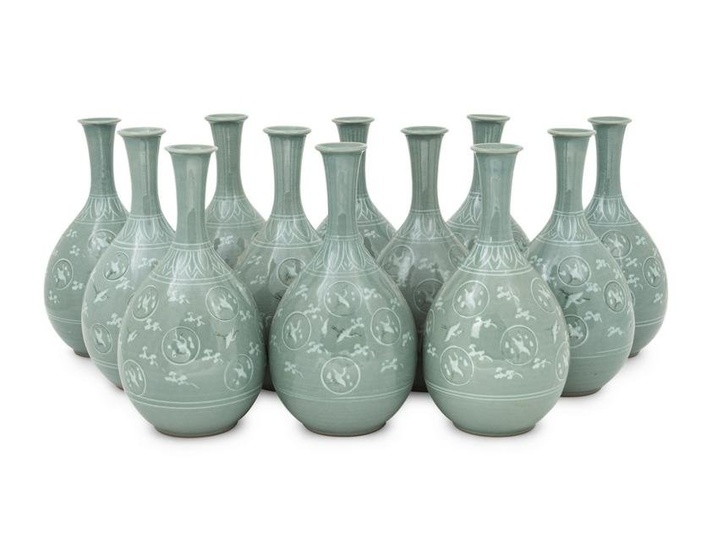 12 Korean Celadon Porcelain Ground 'Crane and Cloud' Bottle Vases
