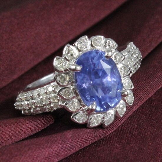 14 K White Gold Blue Sapphire (IGI Cert.) Diamond Ring