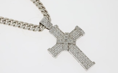 14ct Diamond Set Cross Pendant on a 925 Silver Curb Chain. The cross measures 8cm x 4.5cm wide.