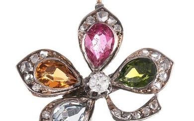 1880s Victorian Gemstone Diamond Silver Gold Four-Leaf Clover Pendant