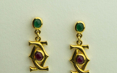 18K YELLOW GOLD EMERALD AND RUBY EARRINGS