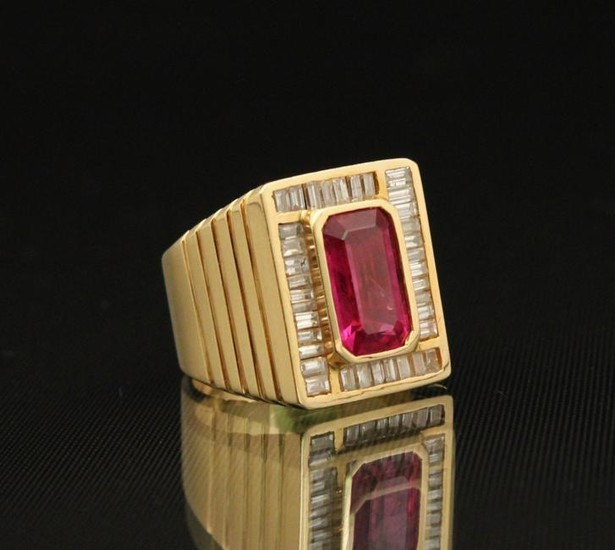 18K Y/G DIAMOND AND RUBY MAN'S RING; 16.3 GR TW