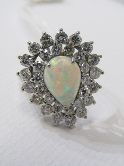 18ct WHITE GOLD OPAL & DIAMOND CLUSTER RING, principal pear ...