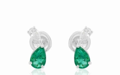 18k Gold Earrings HI/SI Diamond Pear Emerald Jewelry