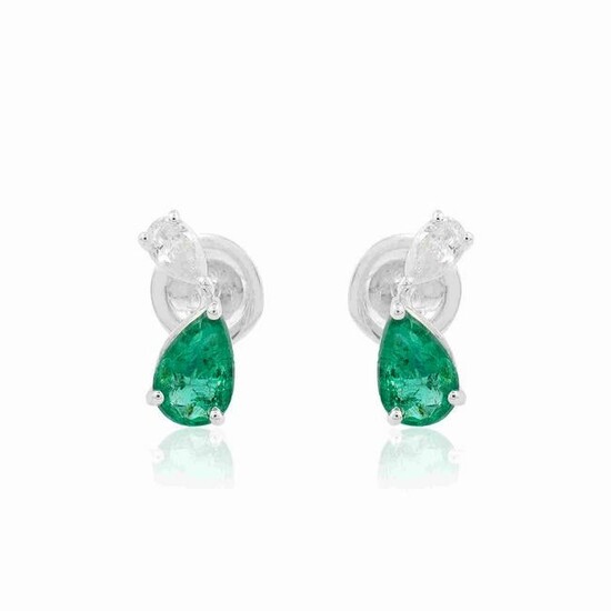 18k Gold Earrings HI/SI Diamond Pear Emerald Jewelry