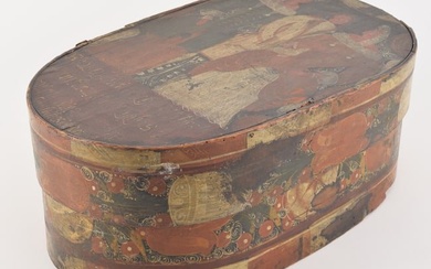 18th century large covered wedding box. Oval form with figures and inscription. Decorated sides.