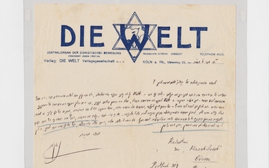 1910 C.E. Letter from Nahum Sokolov on De Welt letterhead to the Hashiloach administration, thus to Dr. Joseph Klausner]