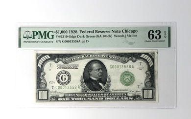 1928 US $1,000 Federal Reserve Note Chicago FR#2210 Dark Green...