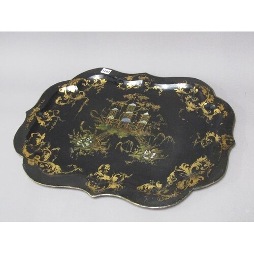 19C BLACK LACQUERED GILT DECORATED MOTHER OF PEARL INLAID CH...