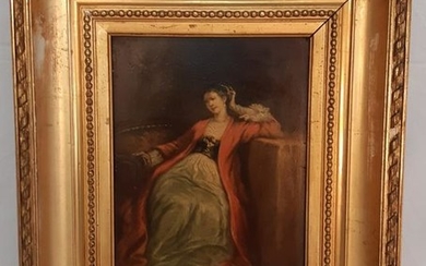 19TH C. OIL ON BOARD PAINTING OF SEATED LADY
