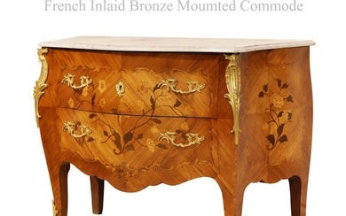 19th C. French Inlaid Bronze Mounted Top Marble Commode/Cabinet