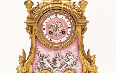 19th C. French Sevres Pink Plaques Figural Bronze Desktop Clock