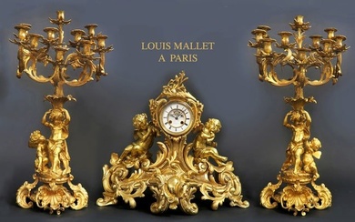 19th C. Large French Louis Mallet Figural Bronze Clock Set