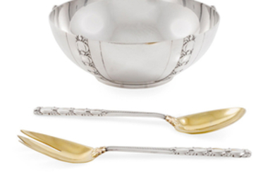 An American sterling silver "Tomato or Pumpkin Vine" Salad Bowl and Pair of Matching Partial-Gilt Salad Servers
