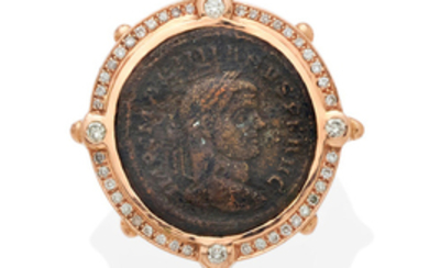 An ancient bronze coin, diamond and 14k tri-color gold ring
