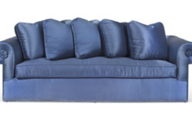 A BLUE SATIN UPHOLSTERED SOFA, SECOND HALF 20TH CENTURY