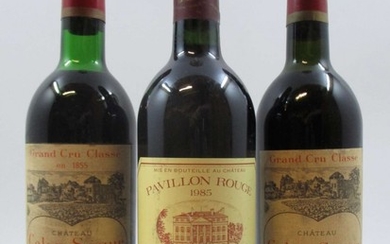 3 bouteilles 1 bt : PAVILLON ROUGE DU CH MARGAUX 1985 Margaux (étiquette abimée)