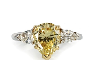 2 carat Pear Shape Diamond Fancy Intense Yellow GIA Three Stone Ring