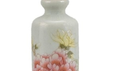CHINESE FAMILLE ROSE PORCELAIN SNUFF BOTTLE With peony design. Height 2.75". Conforming stopper.