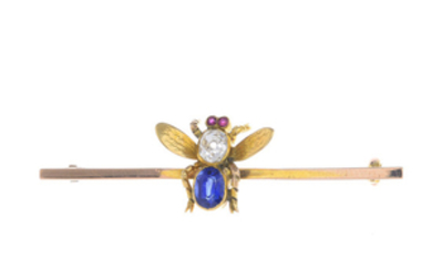 An early 20th century gold diamond, sapphire and ruby fly brooch.