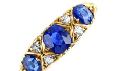 An Edwardian 18ct gold sapphire three-stone and diamond ring. View more details