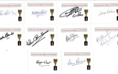 Football collection England 1966 world cup winners 10 signed white cards includes Ray Wilson, Geoff Hurst, Jack Charlton,...