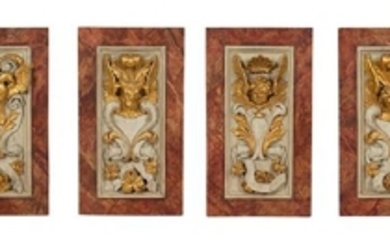 Four Italian Carved, Painted and Parcel Gilt Panels