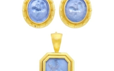 Pair of Gold and Blue Glass Cameo Earclips and Blue Glass Intaglio Pendant, Elizabeth Locke