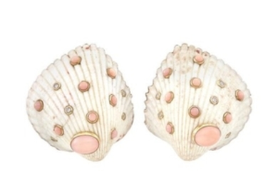 Pair of Gold, Shell, Coral and Diamond Earclips, Trianon