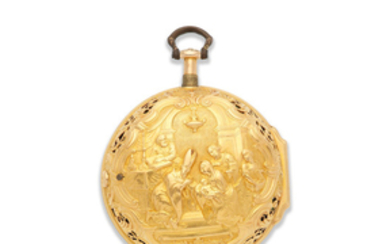 H. Fish, London. An 18K gold key wind pair case repousse pocket watch signed by H Manly