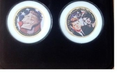 JFK Colorized Merrick Mint Half Dollar Duo coin set in black presentation box. Two 24ct gold plated US Half dollar coins...