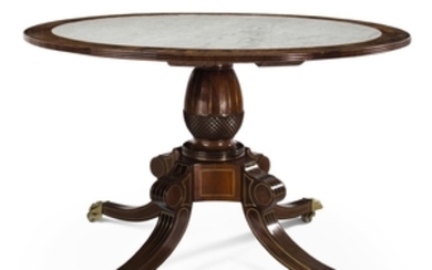 A NORTHERN EUROPEAN BRASS-INLAID MAHOGANY CENTER TABLE, EARLY 19TH CENTURY AND LATER