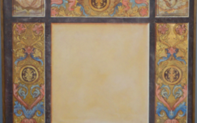 Pannello decorativo su legno dipinto con motivi floreali e cherubini (cm 143x143) (difetti)
