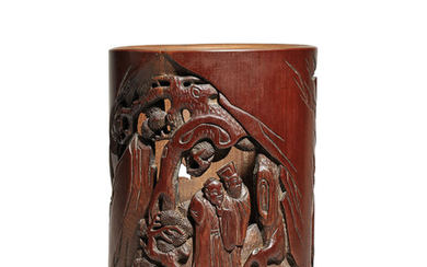 A PIERCED BAMBOO ‘SCHOLARS UNDER PINE’ BRUSHPOT, LATE MING-EARLY QING DYNASTY, 17TH CENTURY