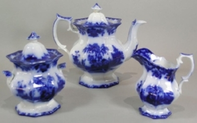 Scinde Flow Blue Three-Piece Tea Set, 19th C.