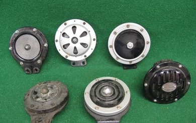 Six large vehicle horns marked Bosch, Lucas Altette, Clear Hooters, Magnet Marellt-Italy etc
