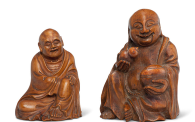 A SMALL BAMBOO CARVING OF LIU HAI AND A SMALL BOXWOOD CARVING OF A LUOHAN, LIU HAI, 18TH - 19TH CENTURY LUOHAN, 19TH CENTURY