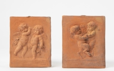 TWO TERRACOTTA PUTTO PLAQUES AFTER CLODION