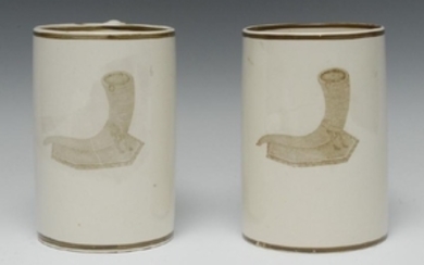 A pair of Wedgwood creamware cylindrical mugs, transfer