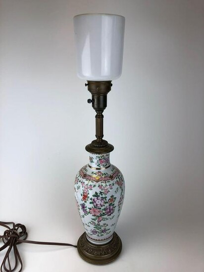 20 th C. Asian Porcelain Floral Vase Lamp Milk Glass