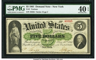 20002: Fr. 1 $5 1861 Demand Note PMG Extremely Fine 40