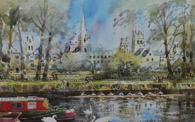 20th Century School, coloured print, Oxford canal with rowers, framed, mounted, and under glass