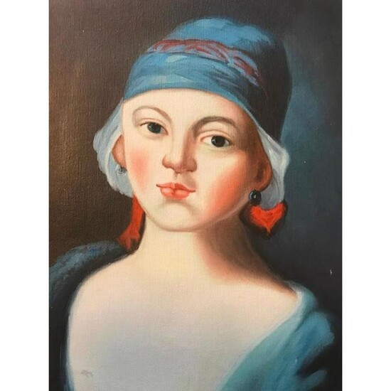 20thc Woman In Blue Hat Oil Painting